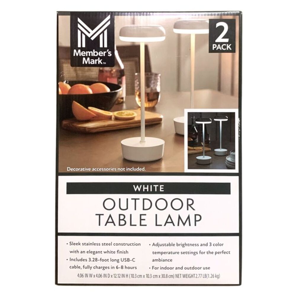 Member's Mark Outdoor Table Lamp 2-Pack, Cordless, Adjustable Brightness (White)